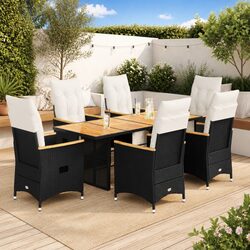 Durable 7 Piece Black Poly Rattan Bistro Set with Cushions