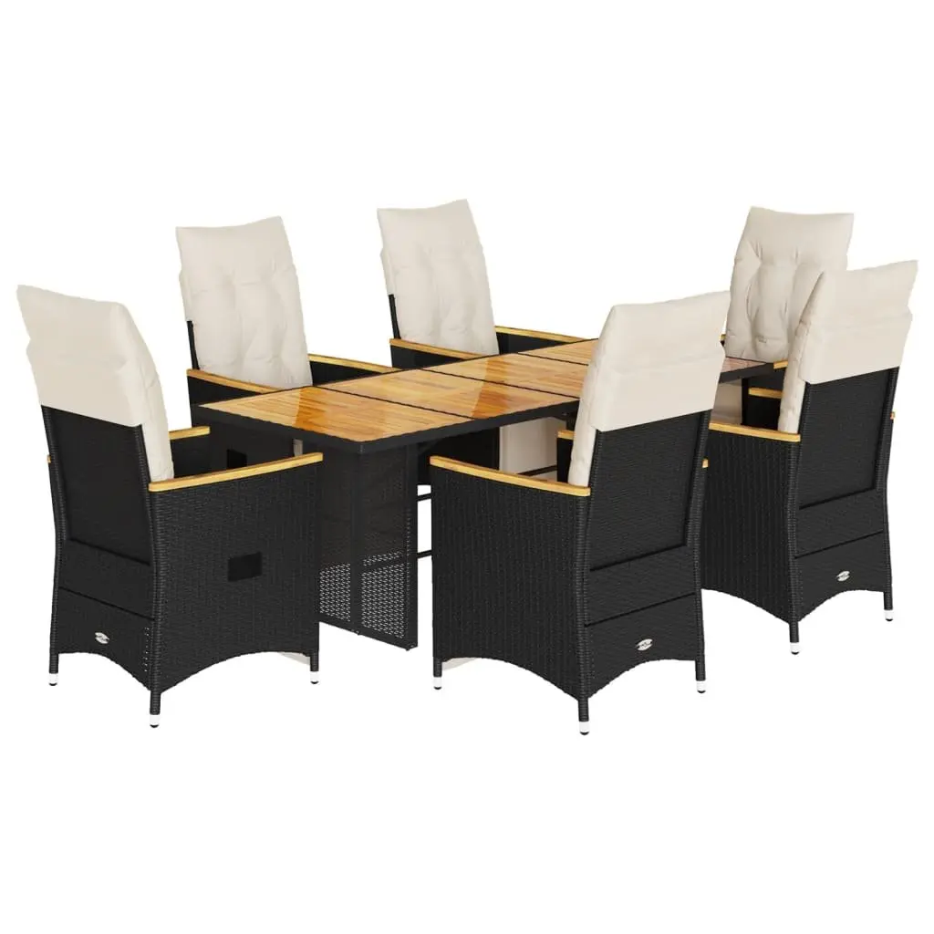 7 Piece Bistro Set PE Rattan Acacia Wood Table Black