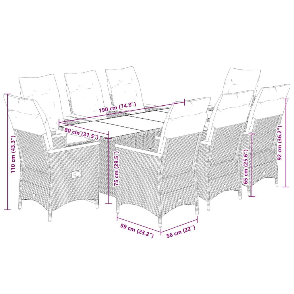 9 Piece Garden Bistro Set with Cushions