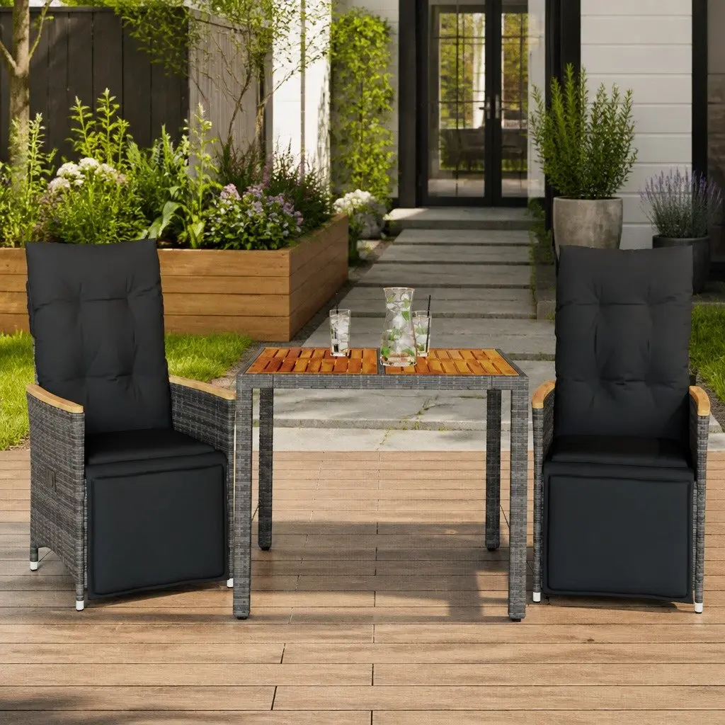 Bistro Set PE Rattan 3 Piece Outdoor Furniture Grey with Cushions Acacia Wood Table Top
