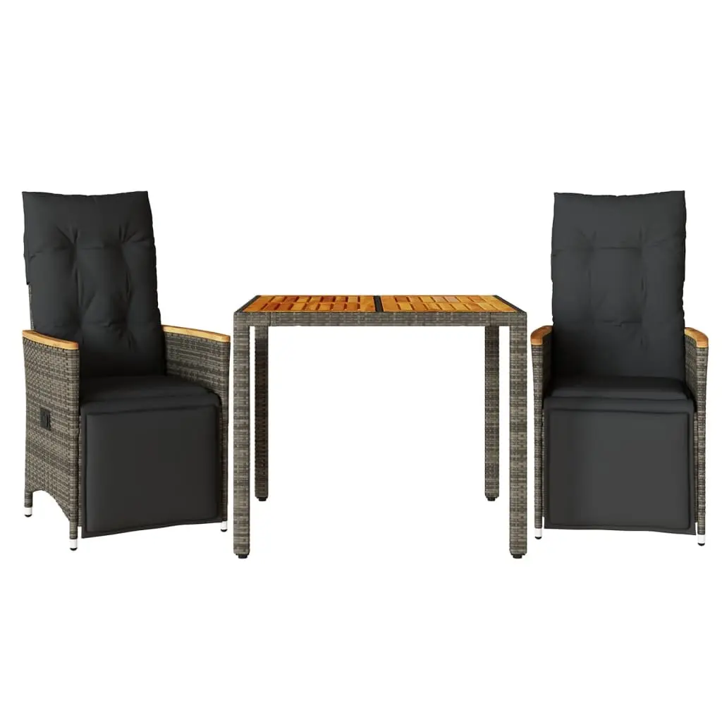 Bistro Set PE Rattan 3 Piece Outdoor Furniture Grey with Cushions Acacia Wood Table Top
