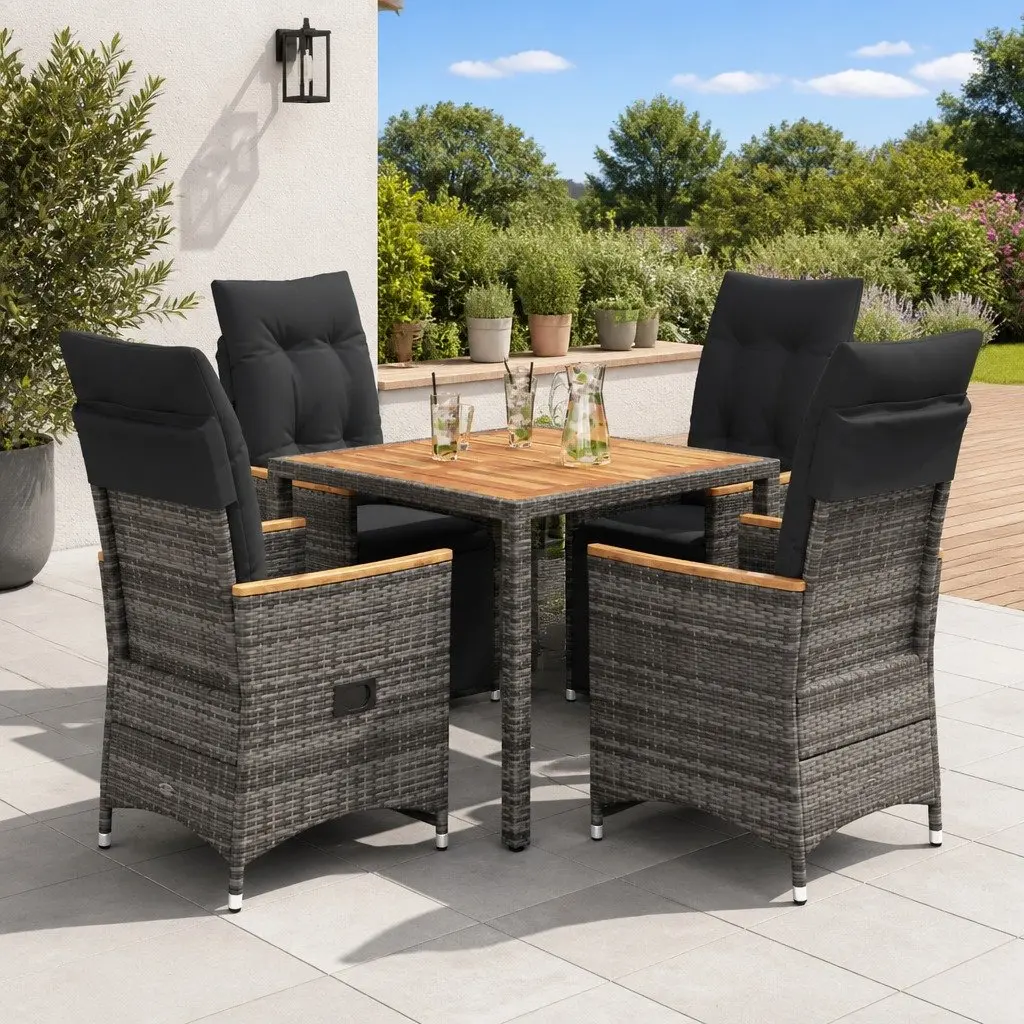 5 Piece Garden Bistro Set Poly Rattan Acacia Wood Table Grey Outdoor Furniture with Cushions