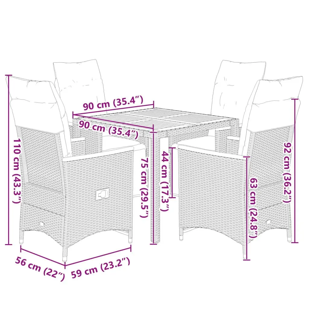 5 Piece Garden Bistro Set Poly Rattan Acacia Wood Table Grey Outdoor Furniture with Cushions