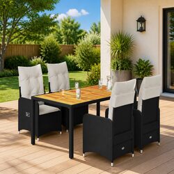 Black Poly Rattan 5 Piece Bistro Set with Cushions