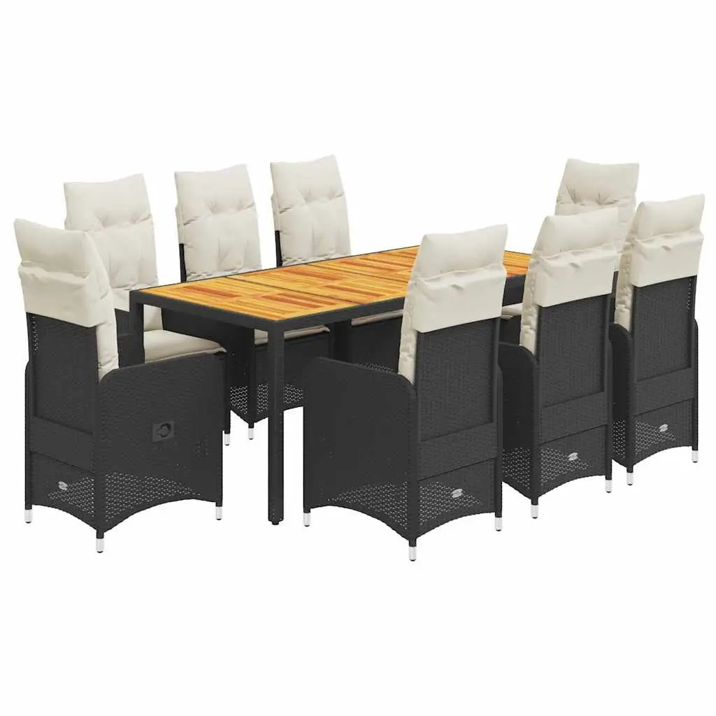 Garden Bistro Set Poly Rattan Acacia Wood 9 Piece Black