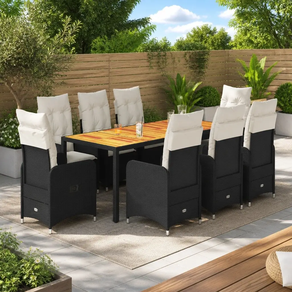 9-Piece Black Poly Rattan Bistro Set