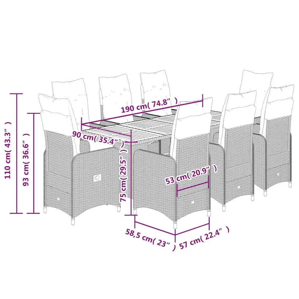 9 Piece Garden Bistro Set with Padded Cushions