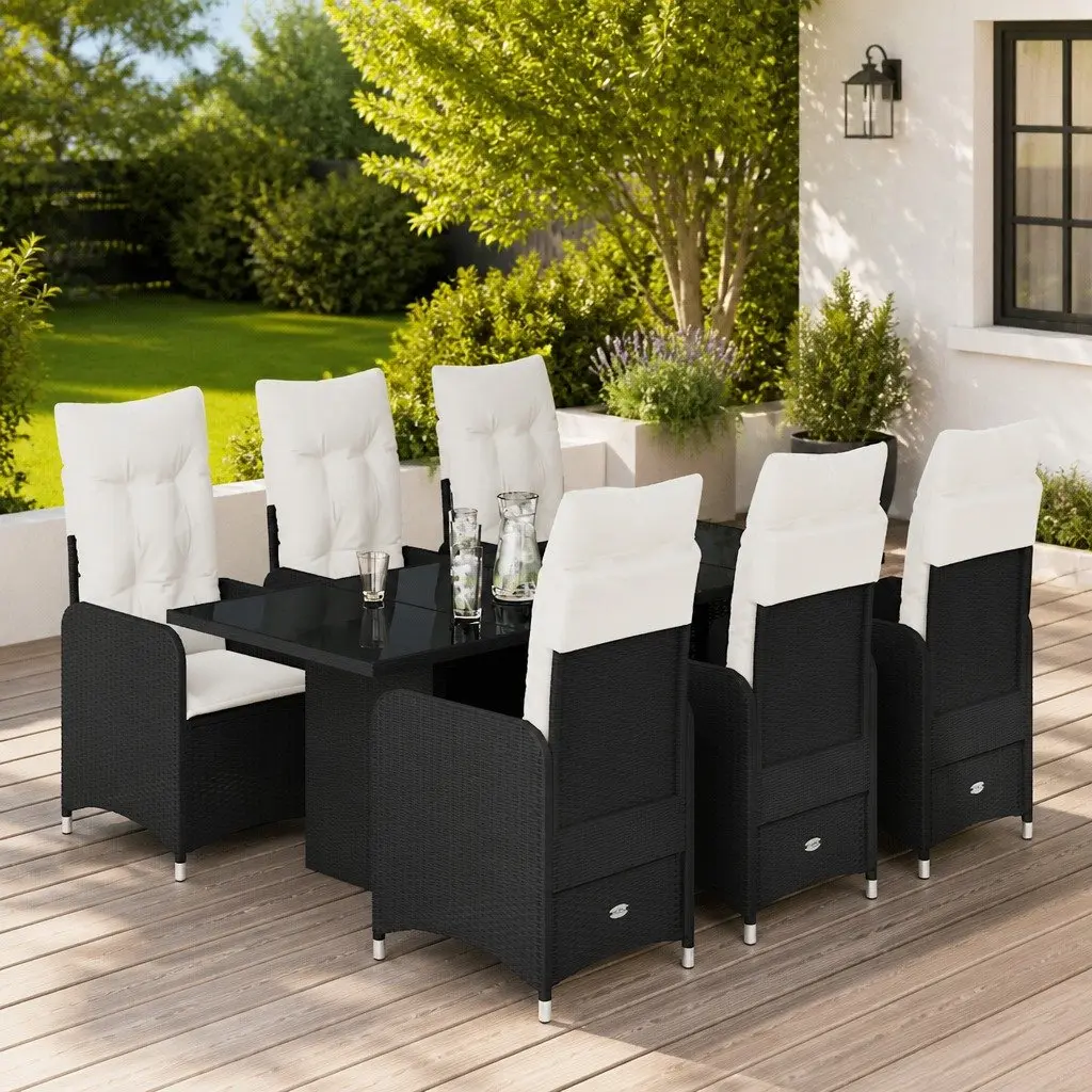 7 Piece Garden Bistro Set PE Rattan Tempered Glass Black Outdoor Furniture