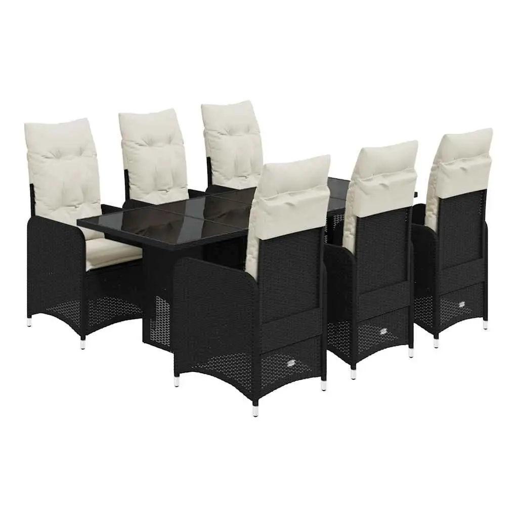 7 Piece Garden Bistro Set PE Rattan Tempered Glass Black Outdoor Furniture