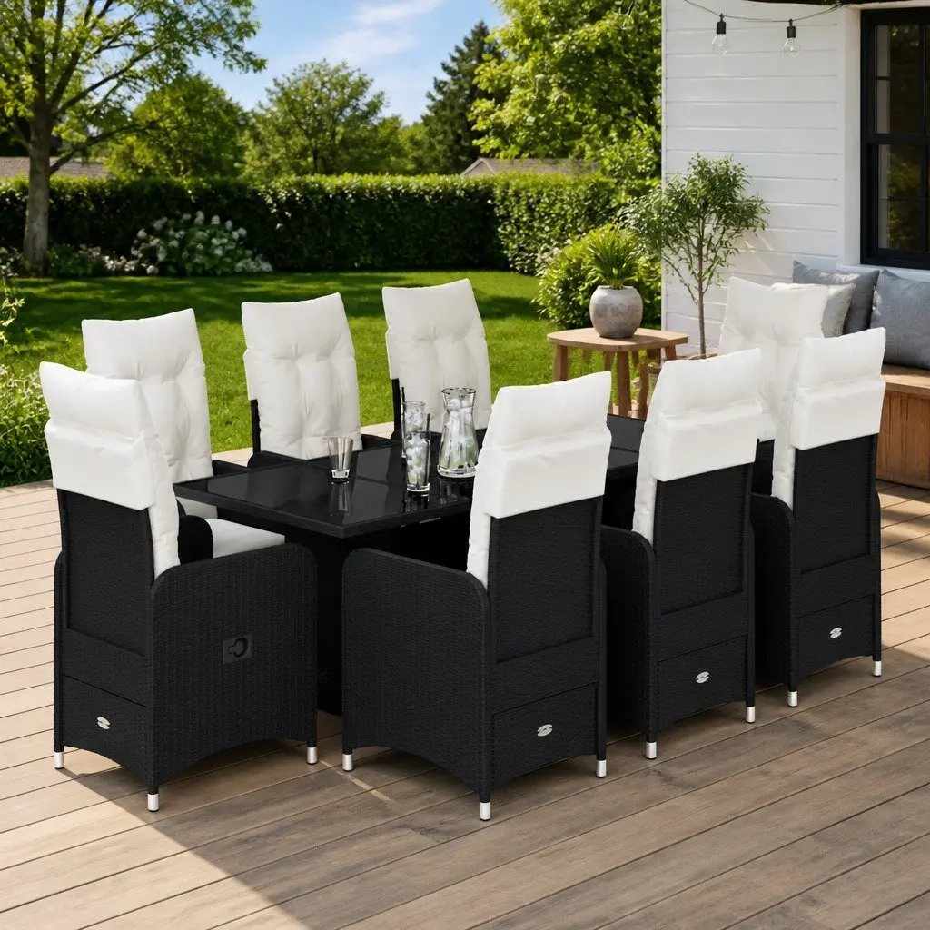 Garden Bistro Set Poly Rattan 9 Piece Outdoor Furniture Black Cushions Glass