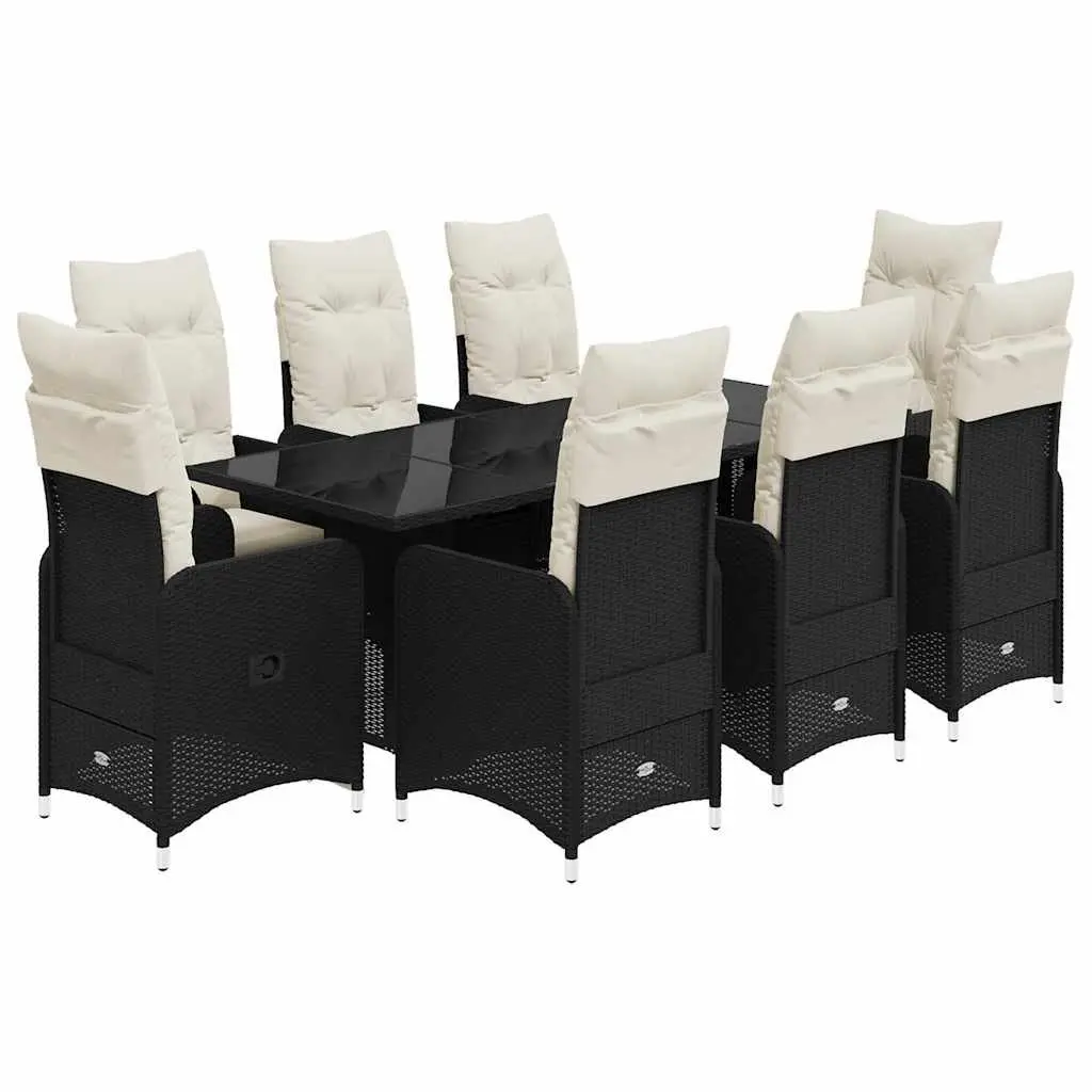 Garden Bistro Set Poly Rattan 9 Piece Outdoor Furniture Black Cushions Glass