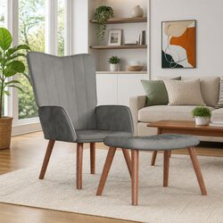 Sturdy Grey Velvet Relaxing Chair with Matching Stool