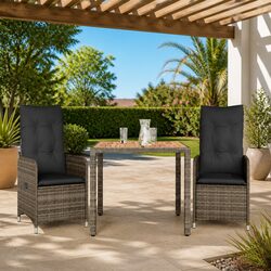 Durable 3 Piece Grey Poly Rattan Bistro Set with Cushions