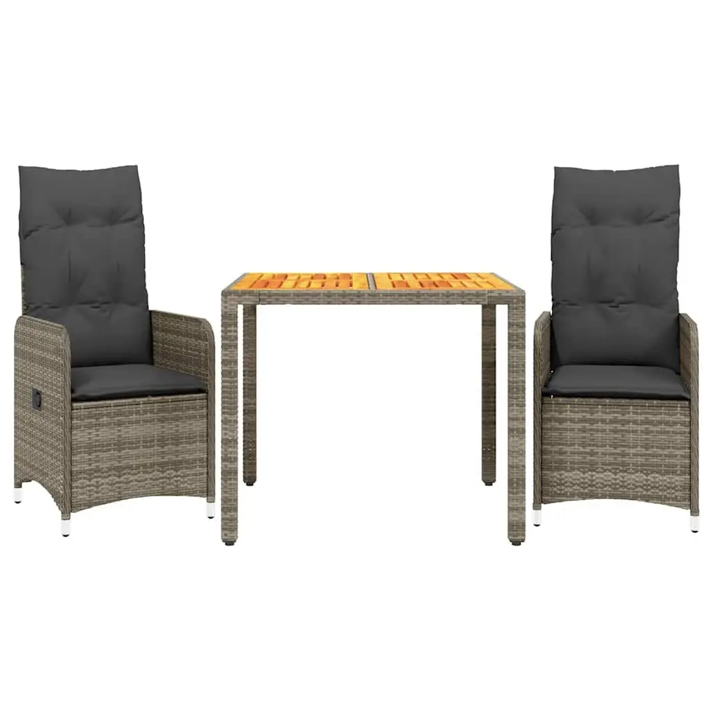 Bistro Set Poly Rattan 3 Piece Outdoor Furniture Grey with Cushions