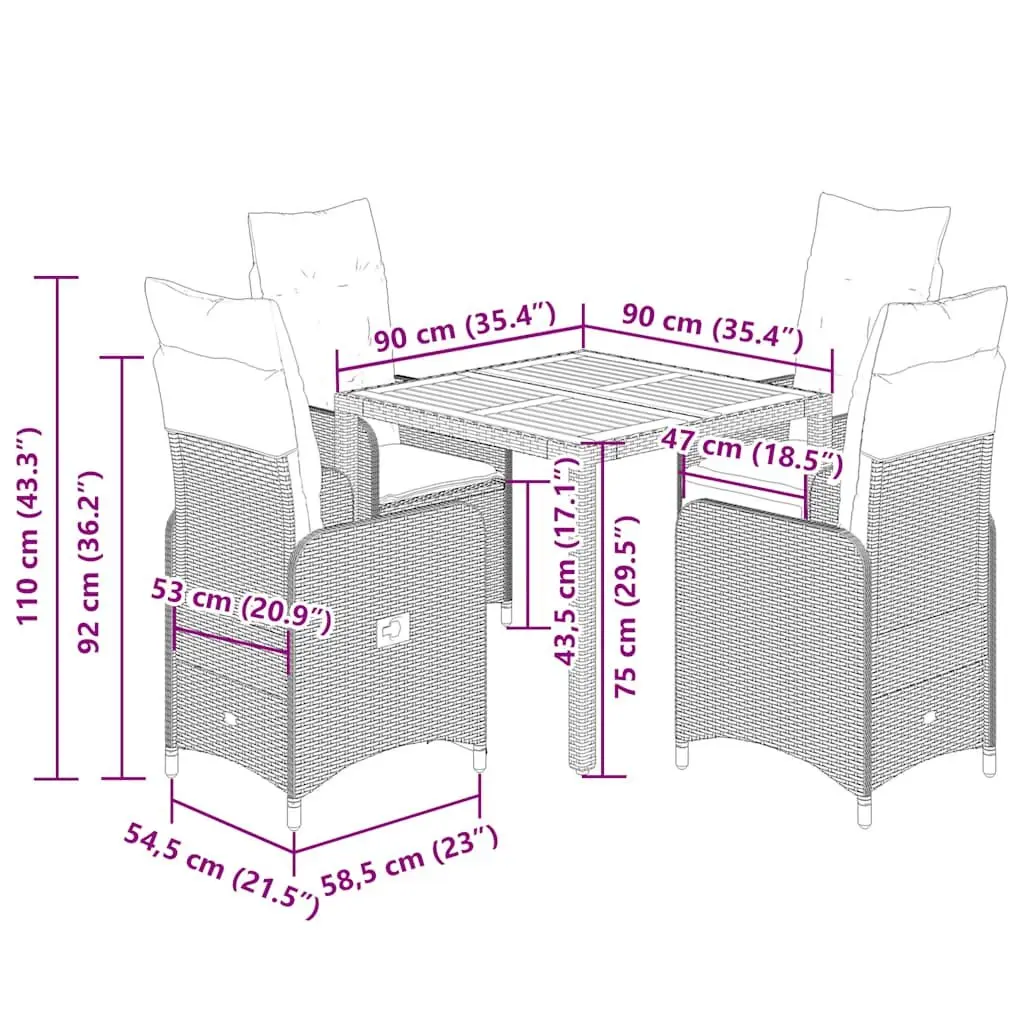 5-Piece Grey Bistro Set with Cushions