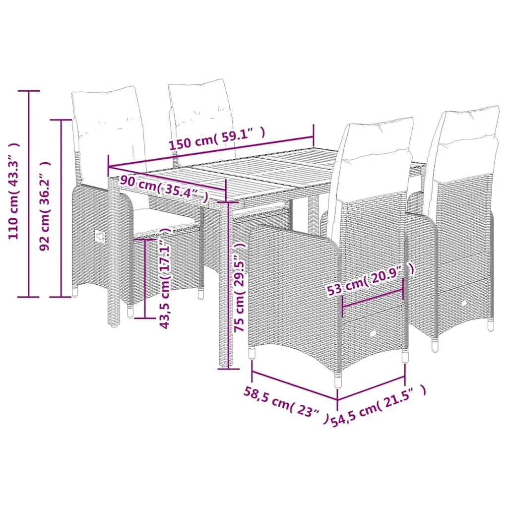 Bistro Set 5 Piece PE Poly Rattan Outdoor Furniture Grey with Cushions
