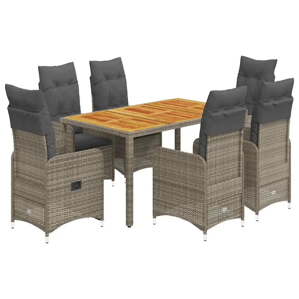 Garden Bistro Set PE Rattan 7 Piece Grey Outdoor Furniture with Acacia Wood Table and Cushions