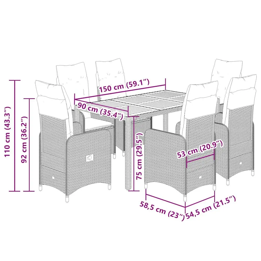 Garden Bistro Set PE Rattan 7 Piece Grey Outdoor Furniture with Acacia Wood Table and Cushions