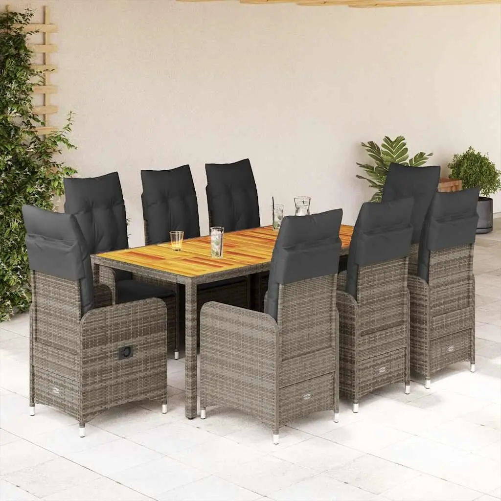 9 Piece Garden Bistro Set Poly Rattan Acacia Wood Table Grey
