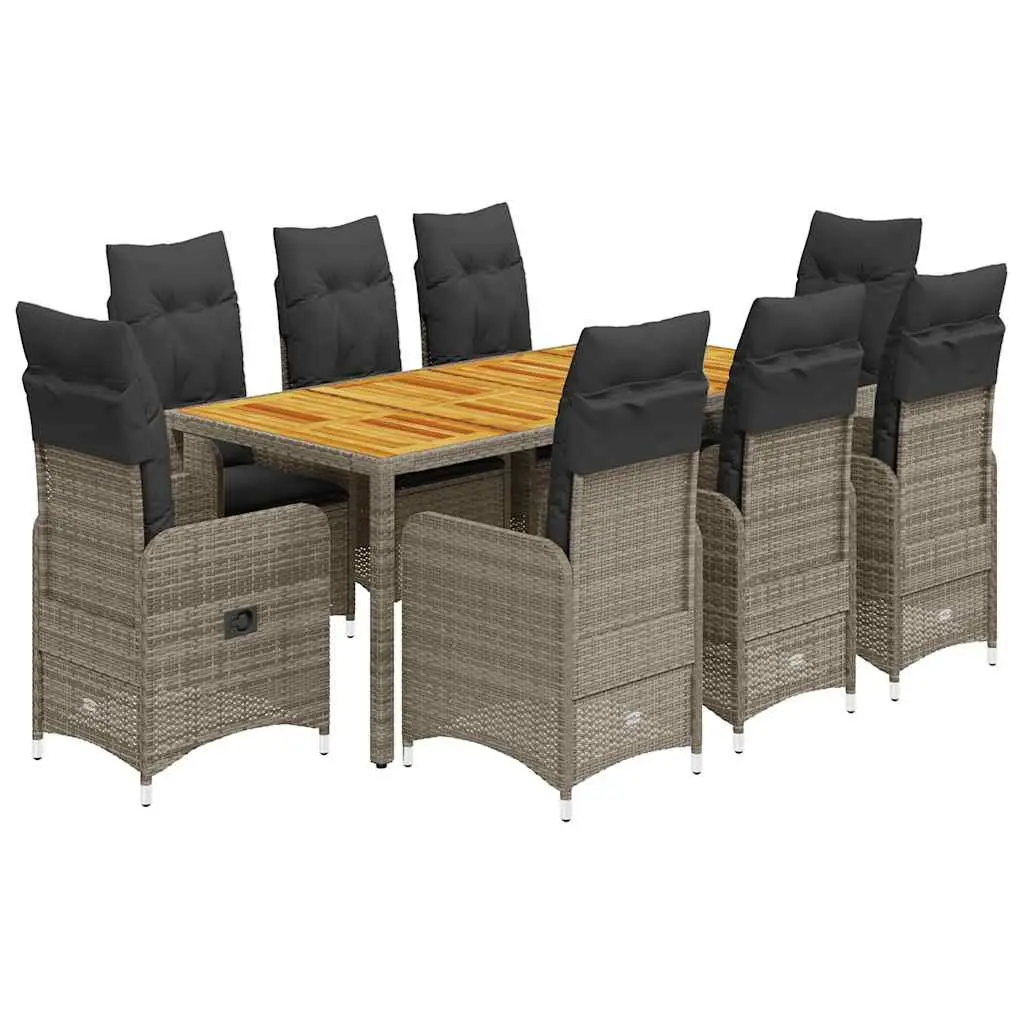 9 Piece Garden Bistro Set Poly Rattan Acacia Wood Table Grey