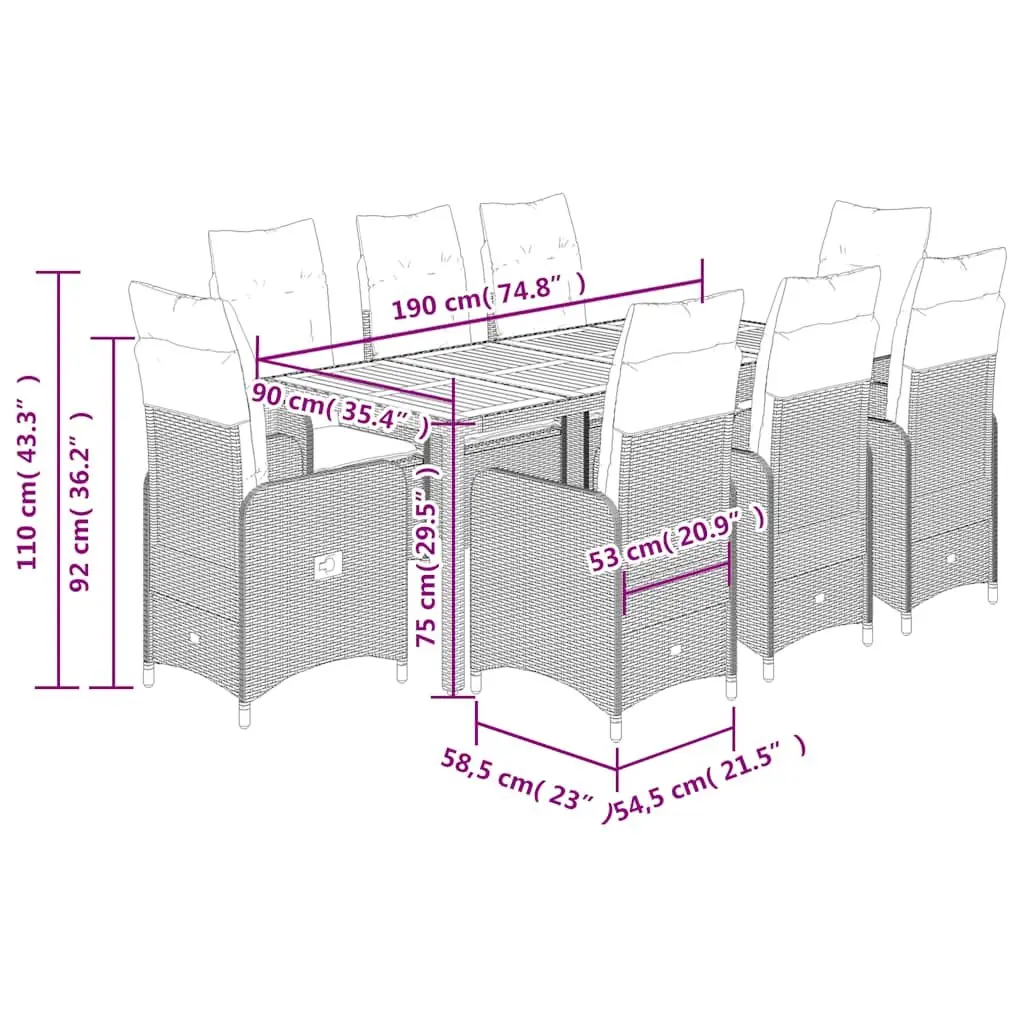 9 Piece Garden Bistro Set Poly Rattan Acacia Wood Table Grey