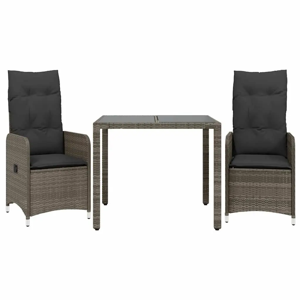 Garden Bistro Set 3 Piece Outdoor Furniture with Cushions Grey Poly Rattan Patio