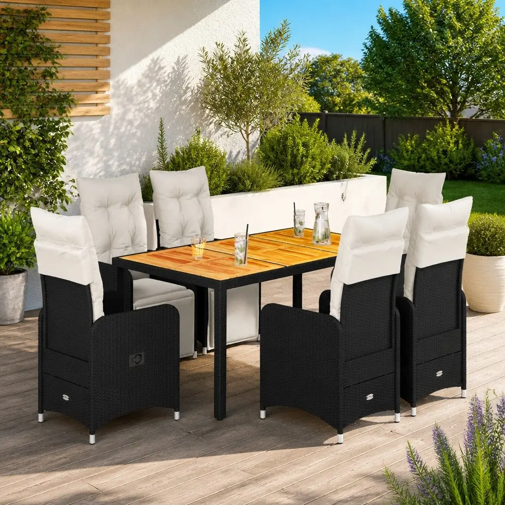 7 Piece Patio Dining Set with Cushions Black Poly Rattan