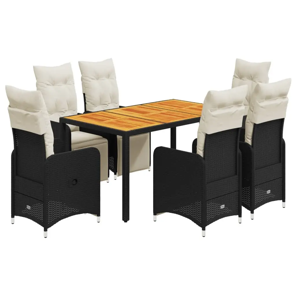 7 Piece Patio Dining Set with Cushions Black Poly Rattan