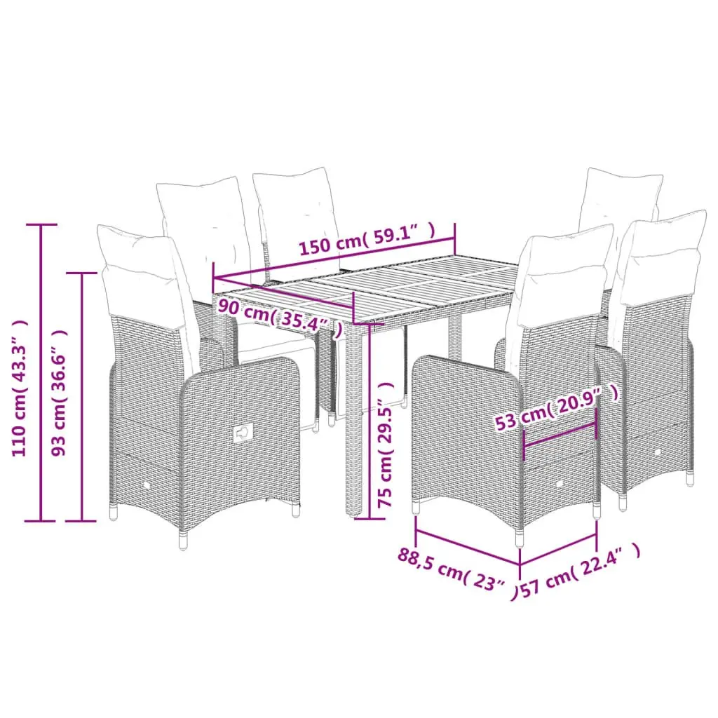 7 Piece Patio Dining Set with Cushions Black Poly Rattan
