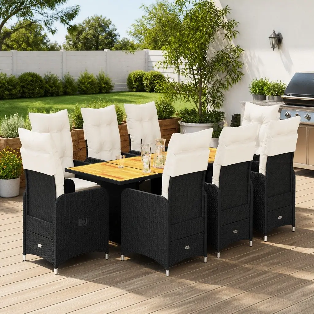 Bistro Set Poly Rattan 9 Piece Outdoor Furniture Black with Cushions