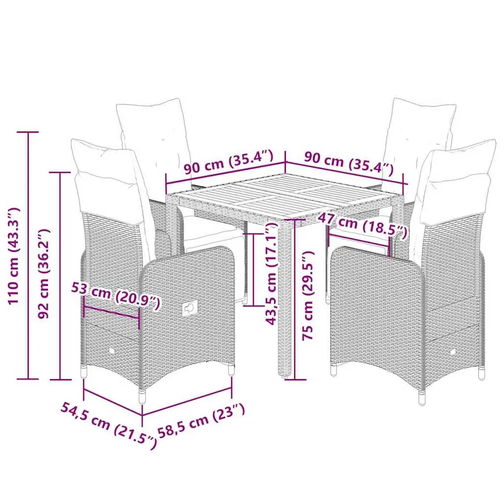 5-Piece Outdoor Bistro Set with Cushions in Black