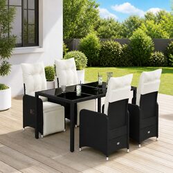 5-Piece Black Poly Rattan Garden Bistro Set with Cushions