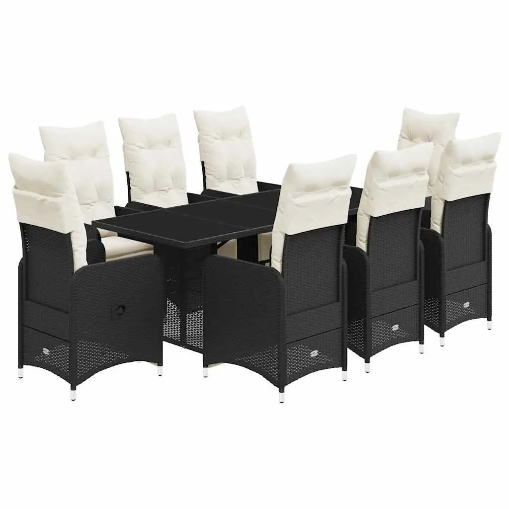 9 Piece Bistro Set PE Rattan Black Cushions Table