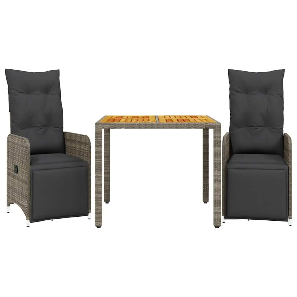 3 Piece Bistro Set PE Rattan Acacia Wood Grey Outdoor Furniture
