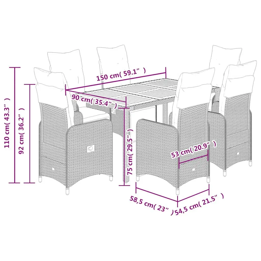 7 Piece Grey Garden Bistro Set with Cushions