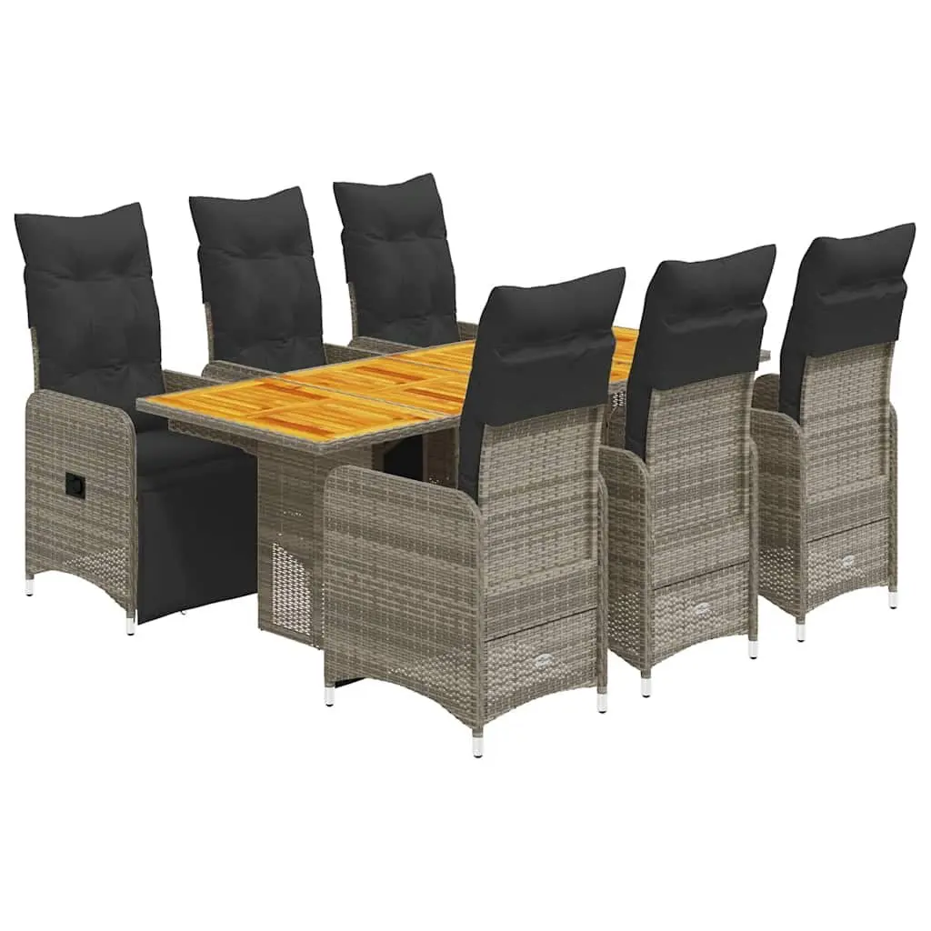 Garden Bistro Set PE Rattan 7 Piece Outdoor Furniture Grey Acacia Wood Table and Chairs
