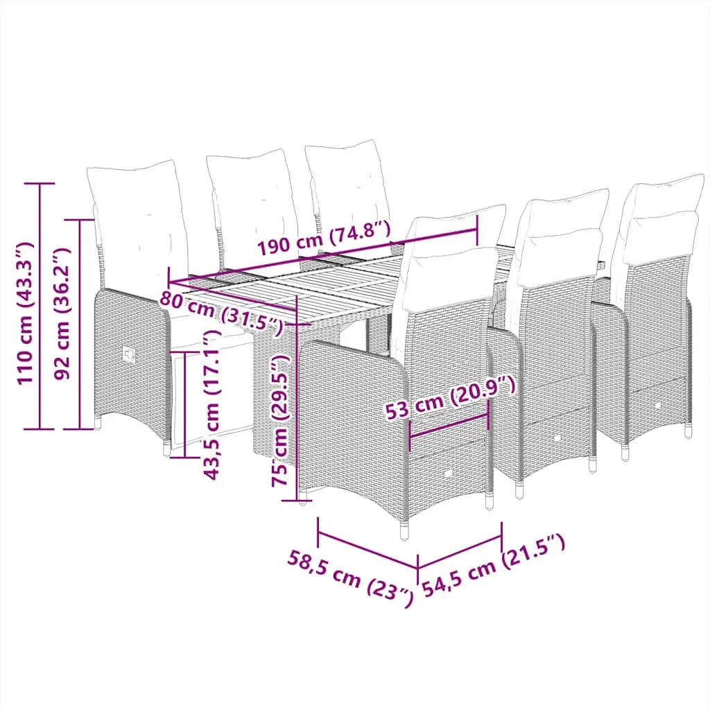 Garden Bistro Set PE Rattan 7 Piece Outdoor Furniture Grey Acacia Wood Table and Chairs