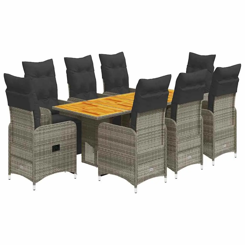 Garden Bistro Set PE Rattan Acacia Wood 9 Piece Outdoor Furniture Grey