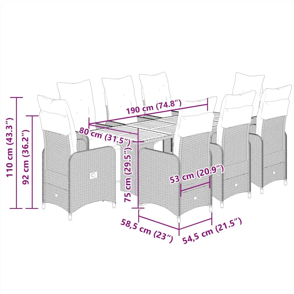 Garden Bistro Set PE Rattan Acacia Wood 9 Piece Outdoor Furniture Grey