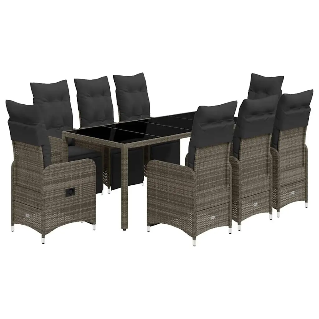 9 Piece Garden Bistro Set PE Rattan Grey with Cushions