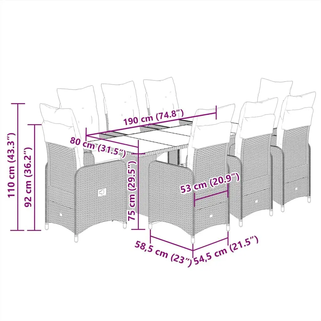 Garden Bistro Set Poly Rattan 9 Piece Outdoor Furniture Grey with Cushions