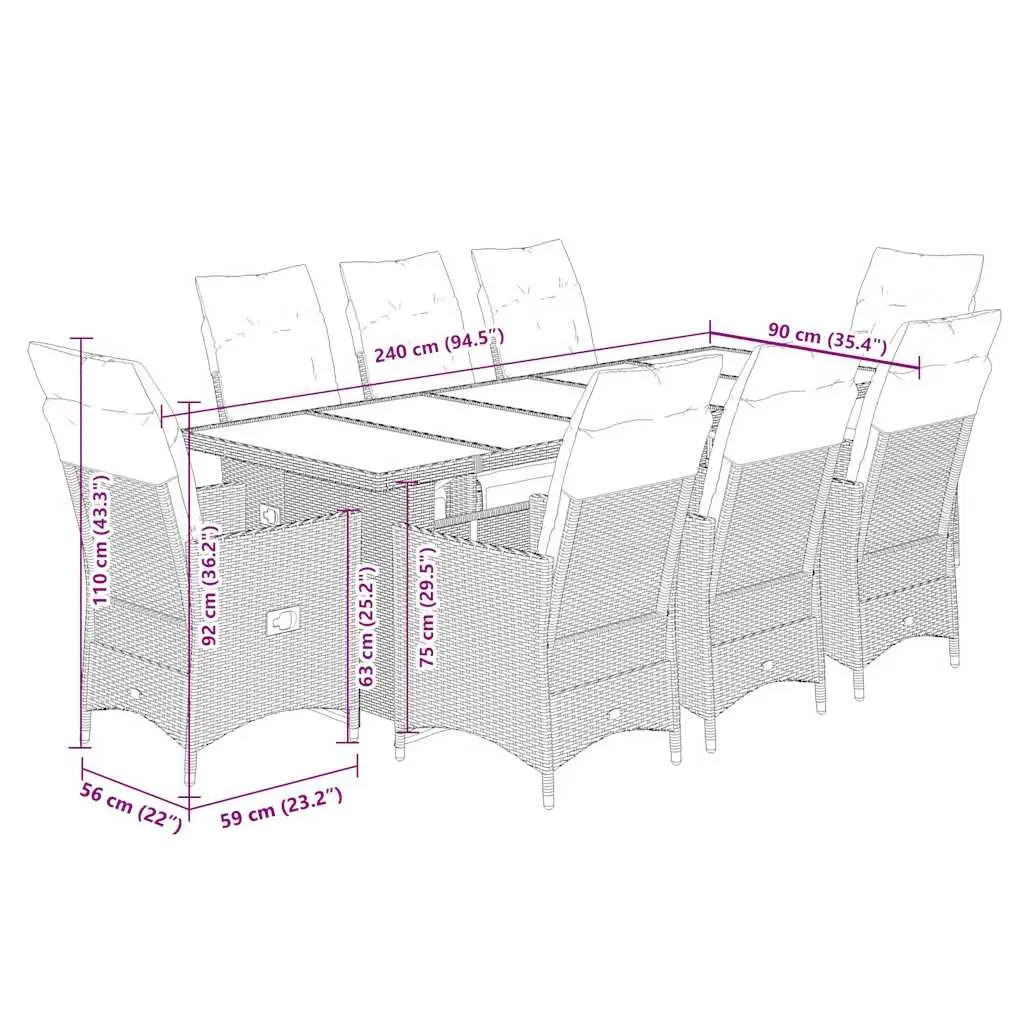 9 Piece Garden Bistro Set with Cushions