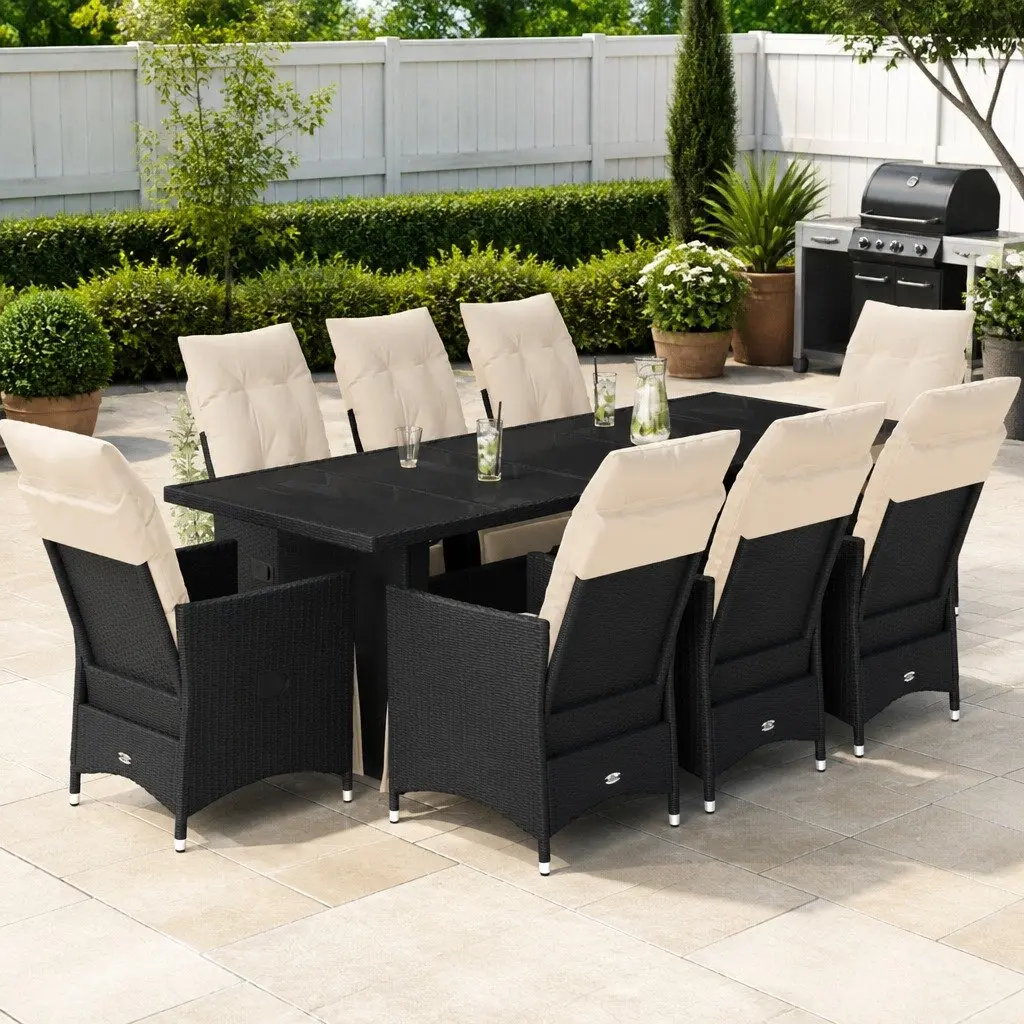 Bistro Set PE Rattan 9 Piece Outdoor Furniture Black with Cushions