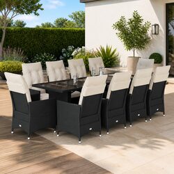 11-Piece Black Poly Rattan Garden Bistro Set with Cushions