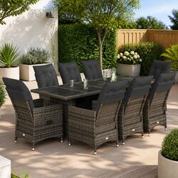 9 Piece Garden Bistro Set with Cushions in Grey Rattan