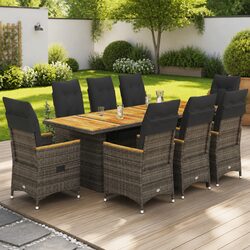 9-Piece Grey Poly Rattan Garden Bistro Set with Cushions