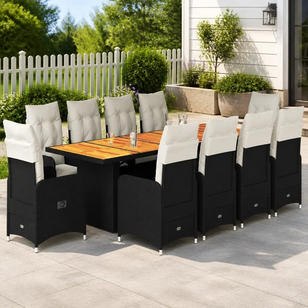 11 Piece Bistro Set PE Rattan Acacia Wood Black Outdoor Furniture