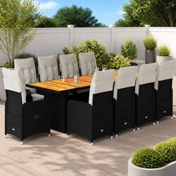 11-Piece Black Poly Rattan Garden Bistro Set with Cushions