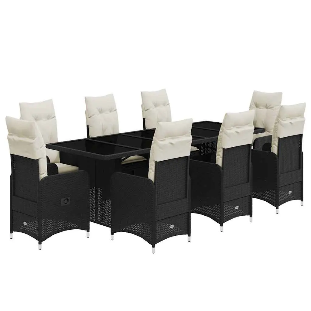 Garden Bistro Set PE Rattan 9 Piece Outdoor Furniture Black with Cushions