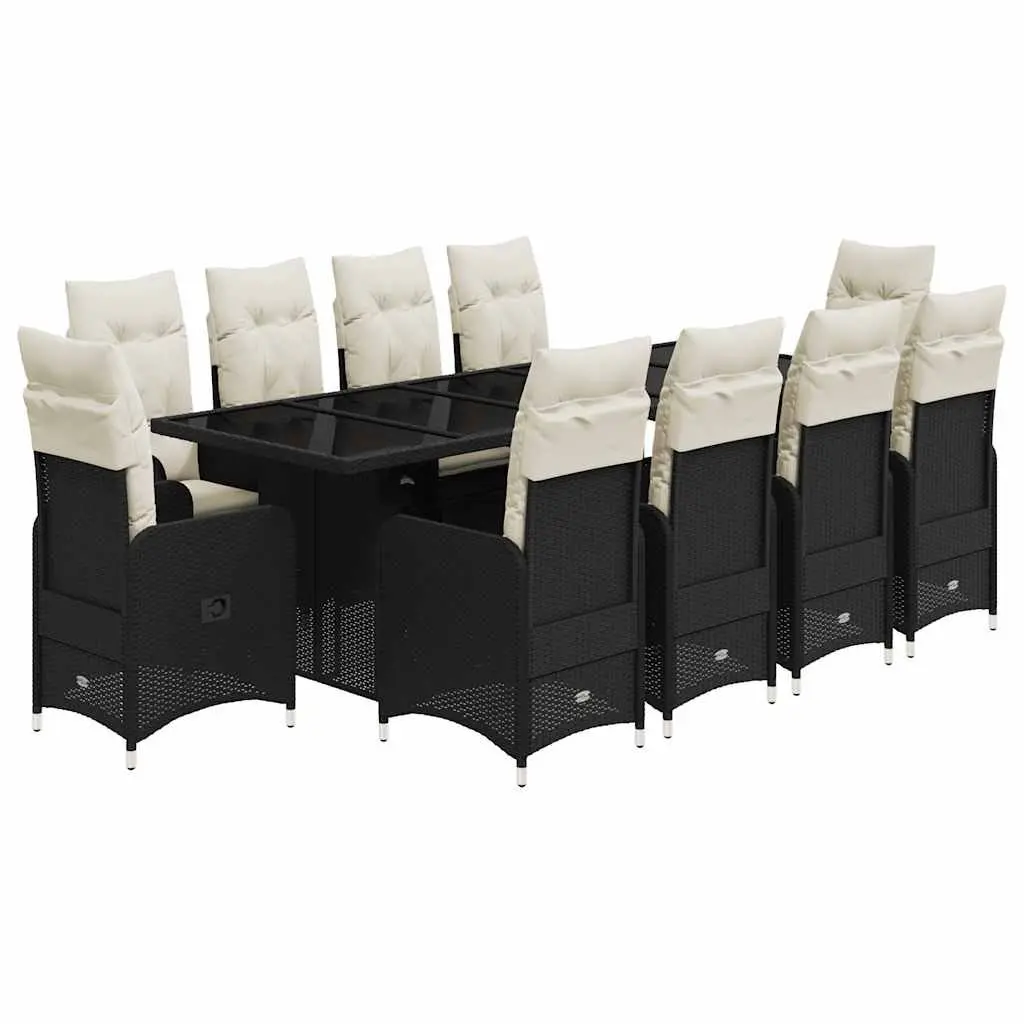 Garden Bistro Set PE Rattan 11 Piece Outdoor Furniture Black with Cushions
